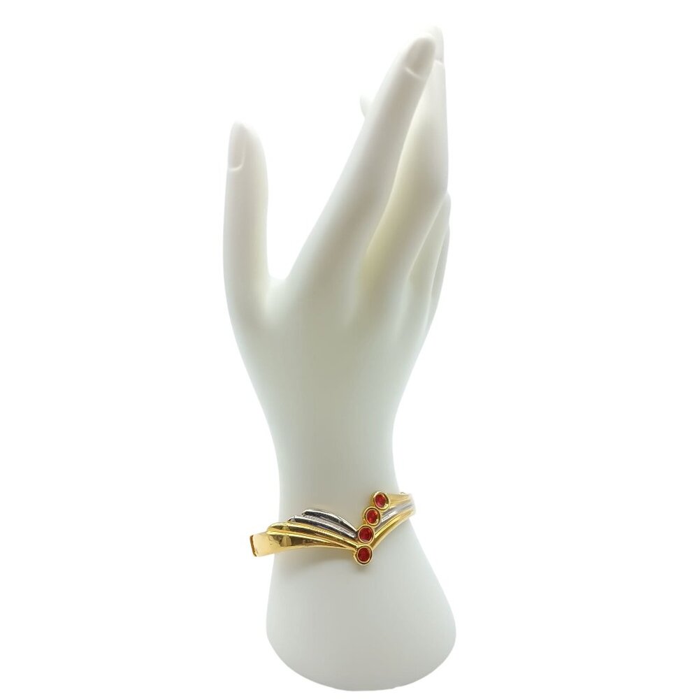 Gold-Tone Clamper Bangle Bracelet with Red & Silver Accents Hinged Closure